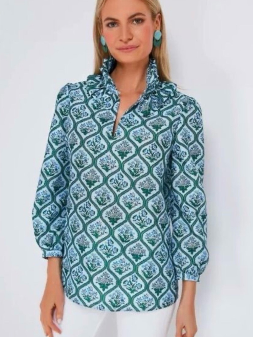 Tuckernuck Blue-Green Floral Poplin Ruffle Neck Bouvier Blouse